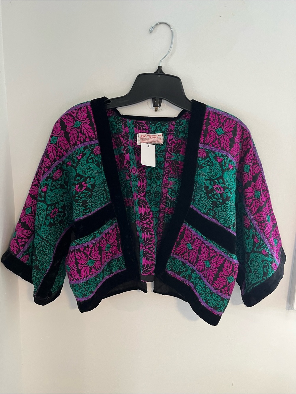 Vibrant Pink & Teal Patterned Velvet & Cotton Jean Jacket Cardigan Size S/M